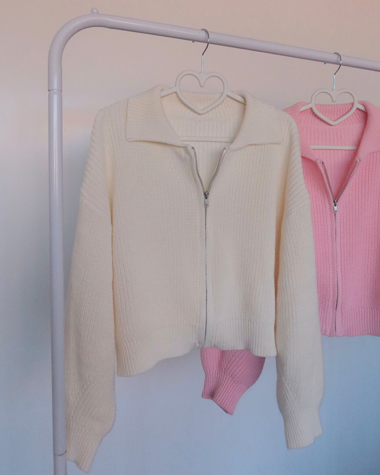 Cream Knit Collared Zip Sweater